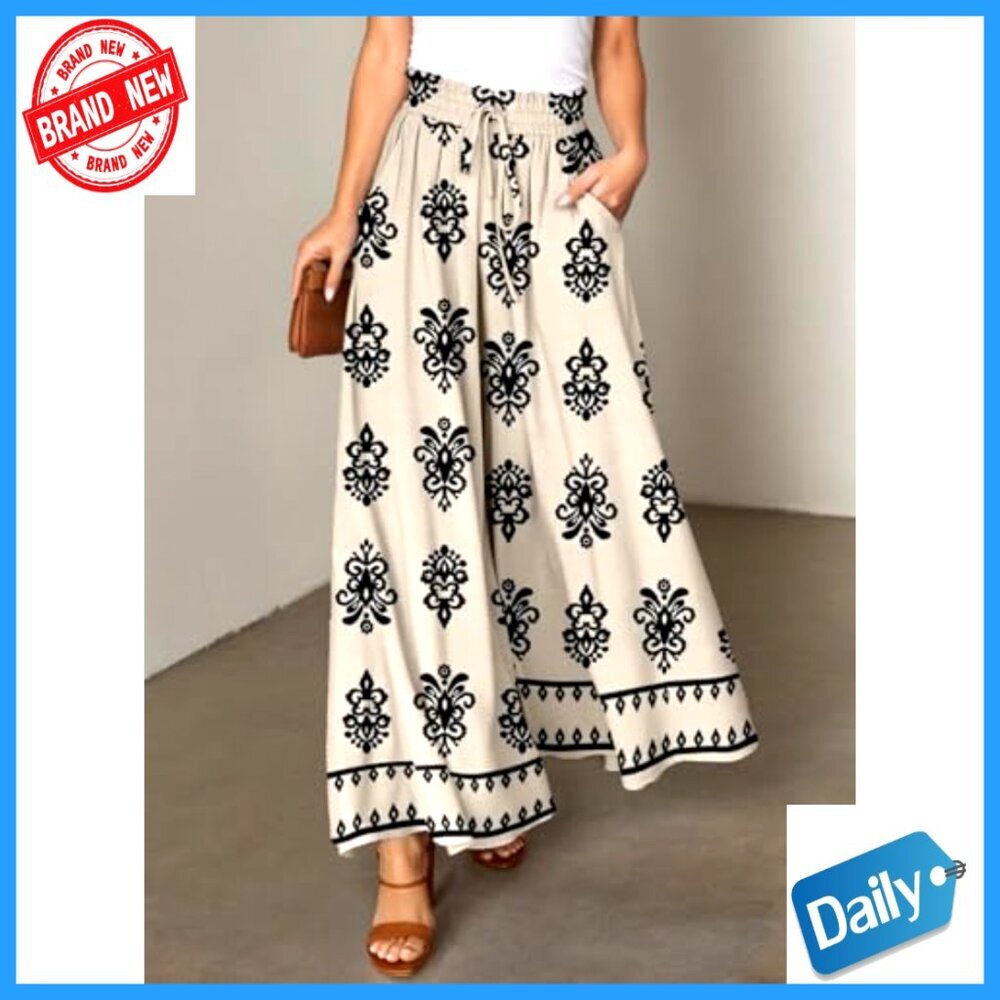 Women's Elastic Waist Wide Leg Pants with Pockets Casual Comfort - Picture 2 of 7